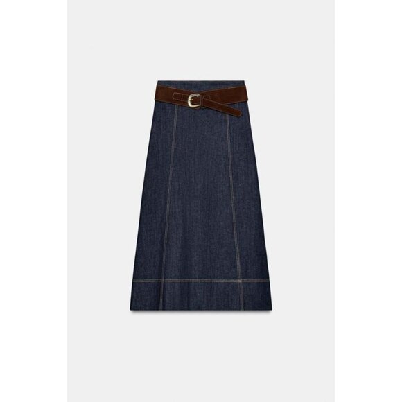 ZARA Z1975 BELTED DENIM WRAP MIDI SKIRT - Picture 7 of 9